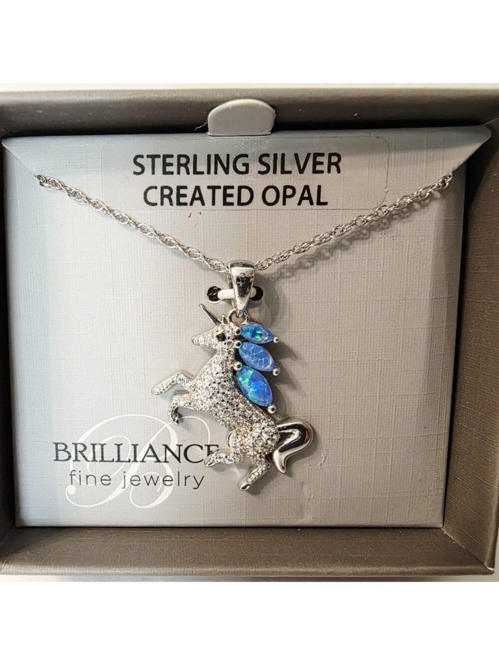 Sterling Silver Created Blue Opal Sparkling Unicorn Pendant Necklace